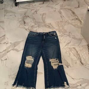 Zenana Outfitters Dark Blue Distressed Flare Jeans